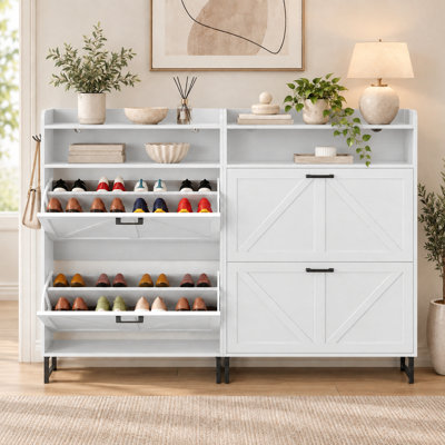 20-Pair Shoe Storage Cabinet with 2 Flip-Down Drawers, 2 Shelves & Adjustable Shelves, Side Hooks