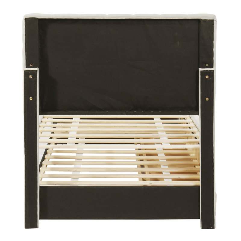 Lit plateforme tapissier avec lit gigogne, Beige, Blanc