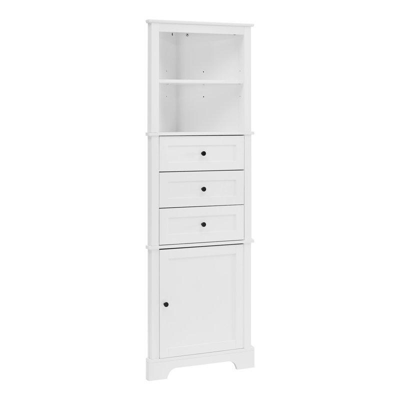 Grande armoire triangulaire blanche avec 3 tiroirs et tablettes réglables