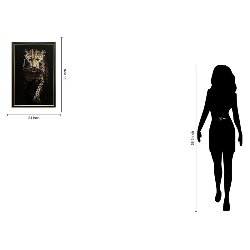 Leopard Walking Canvas Wall Art - 24" x 36" - Black, Gold Frame