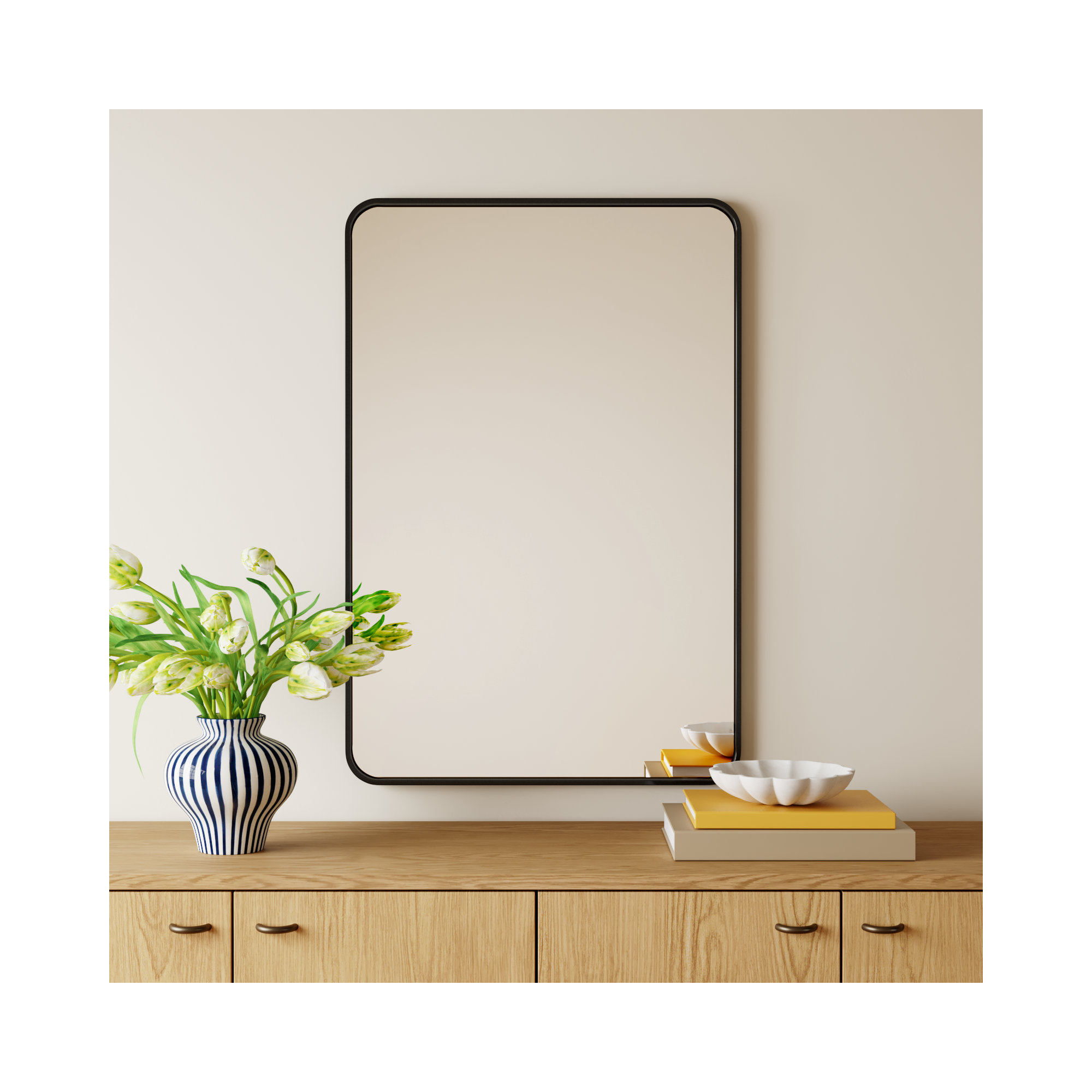 Sabine Metal Rounded Rectangle Wall Mirror, 40'' H x 27'' W, Black