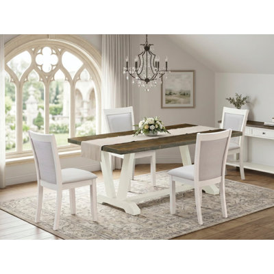 Ensemble de table de cuisine 5 pièces pour 4 personnes comprenant une table de salle à manger rectangulaire avec pieds en V et 4 chaises de salle à manger Parsons en lin couleur crème, 101,6 x 182,9 cm (40 x 72 pouces).