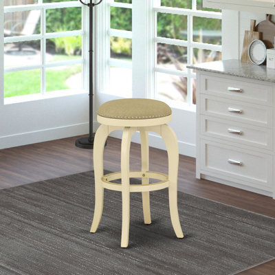 Elzada Height Barstool - Round Shape Sandalwood PU Leather Upholstered Backless Stools, set of 2, Linen White