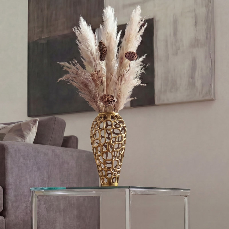 Gold Aluminium Floor Vase, Tall Round XXL Modern Vase for Dried Flowers, 45cm H x 19cm W x 19cm D