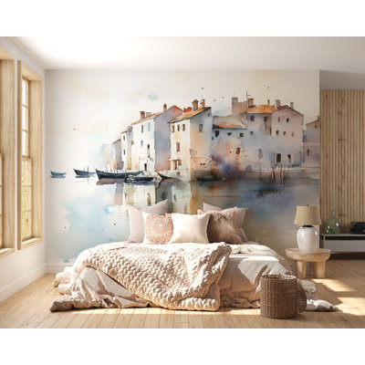 Papier peint à l'aquarelle European Harbor Town - Scène de village côtier italien