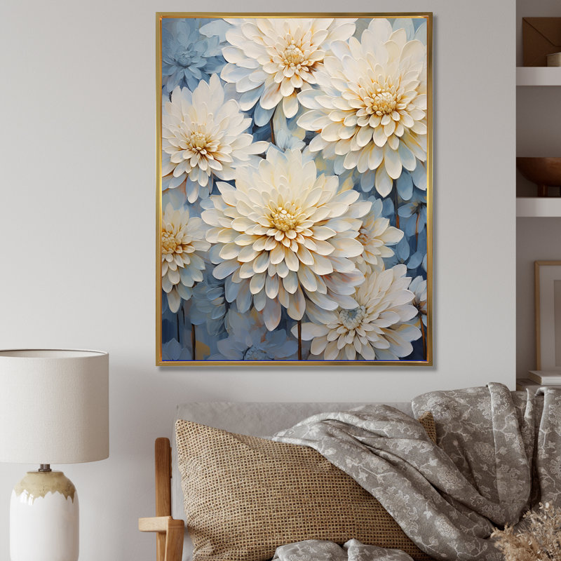 «White and Blue Mums Fragrant Elegance III», reproduction sur toile, Cadre flottant doré, 32" H x 16" W