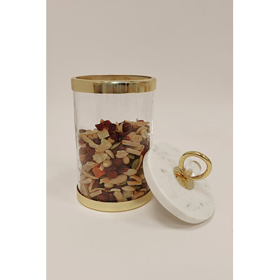 Large Canister With Marble Lid And Clear Ball Knob - 8.7"H