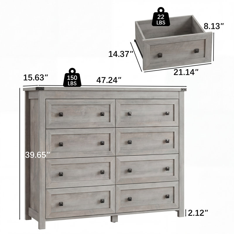 Commode moderne à 8 tiroirs avec poignées carrées noires, vaste commode de rangement pour la chambre à coucher et le salon, meuble télé, rangement multi-tiroirs