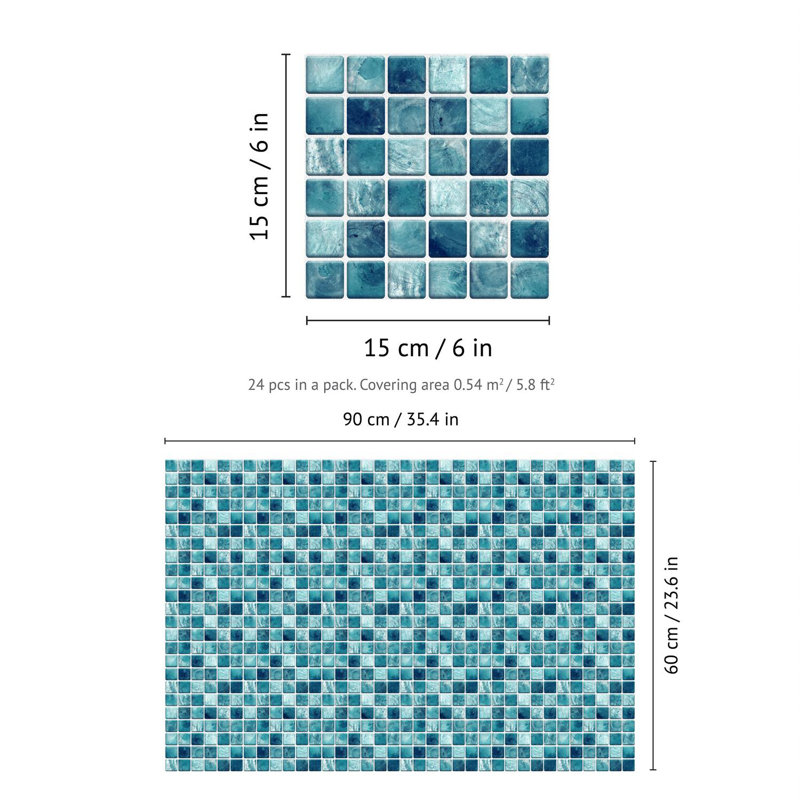 Metallic Self Adhesive Tile Stickers 15cm x 15cm, Turquoise/White