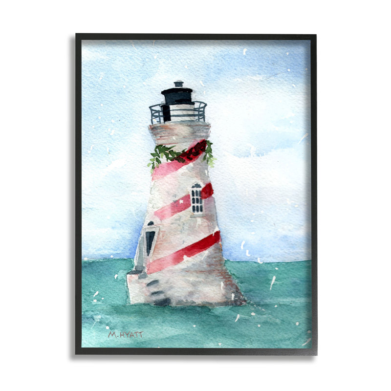 « Nautical Holiday Lighthouse »-rayures de Noël-impression d’art graphique, Giclée encadrée noir minuit