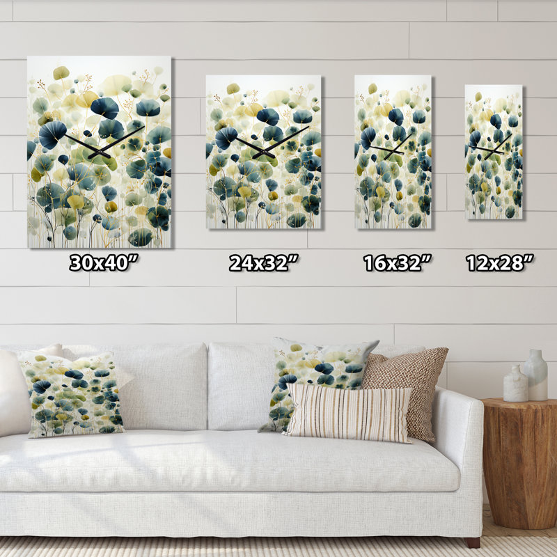 Horloge murale abstraite bleu vert et botanique, H 28 po x l 12 po x P 1 po