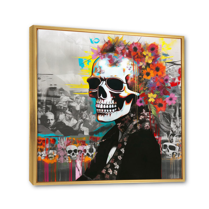 Graffitied Skull II sur impression sur toile, H 36 po x l 36 po x P 1,5 po, Cadre flottant doré