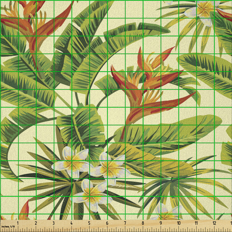 Daiyah Exotic Plumeria Flowers and Palm Tree Leaves Hawaiian Flora Fabric