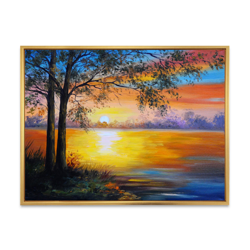 Arbre du soir près du lac - Peinture sur toile, Cadre flottant doré, H 24 po x l 32 po x P 1 po