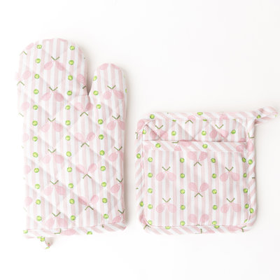 Pink Tennis Stripe Oven Mitt Set