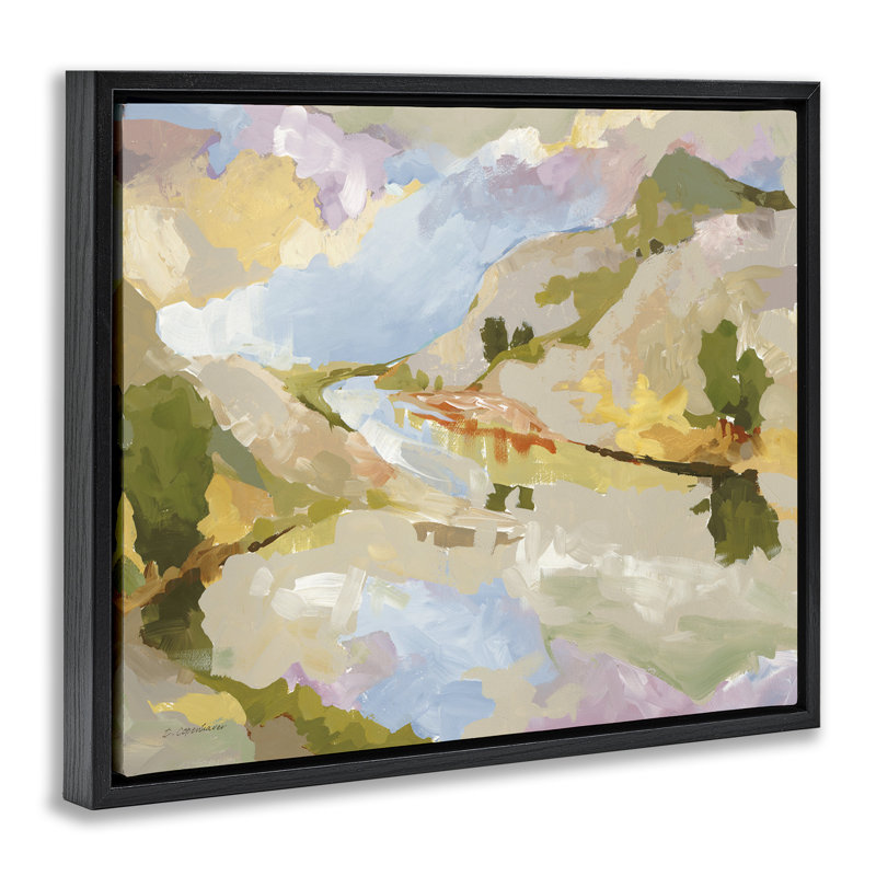 Peinture abstraite à reflet de montagne, H 25 po x l 31 po, Cadre flottant noir de jais