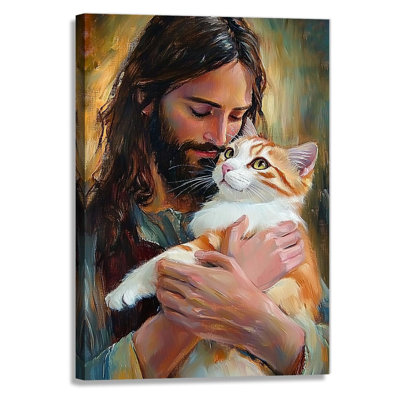 Jesus Animal Wall Art Jesus Holding Cat Pictures Print Watercolor Cute Cat Posters Christian Religious Painting Artwork Christ Home Decoration Framed(