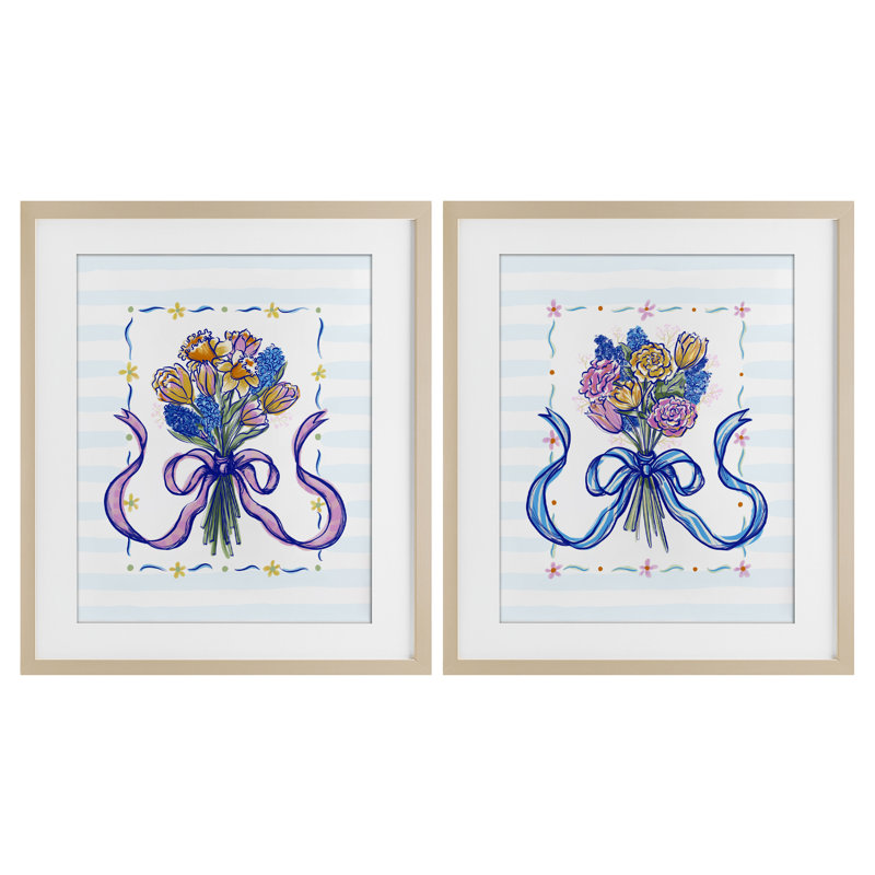 Ensemble de 2 impressions encadrées sous verre avec ruban Ribboned Spring, Cadre de récolte en pin, H 16 po x l 13 po