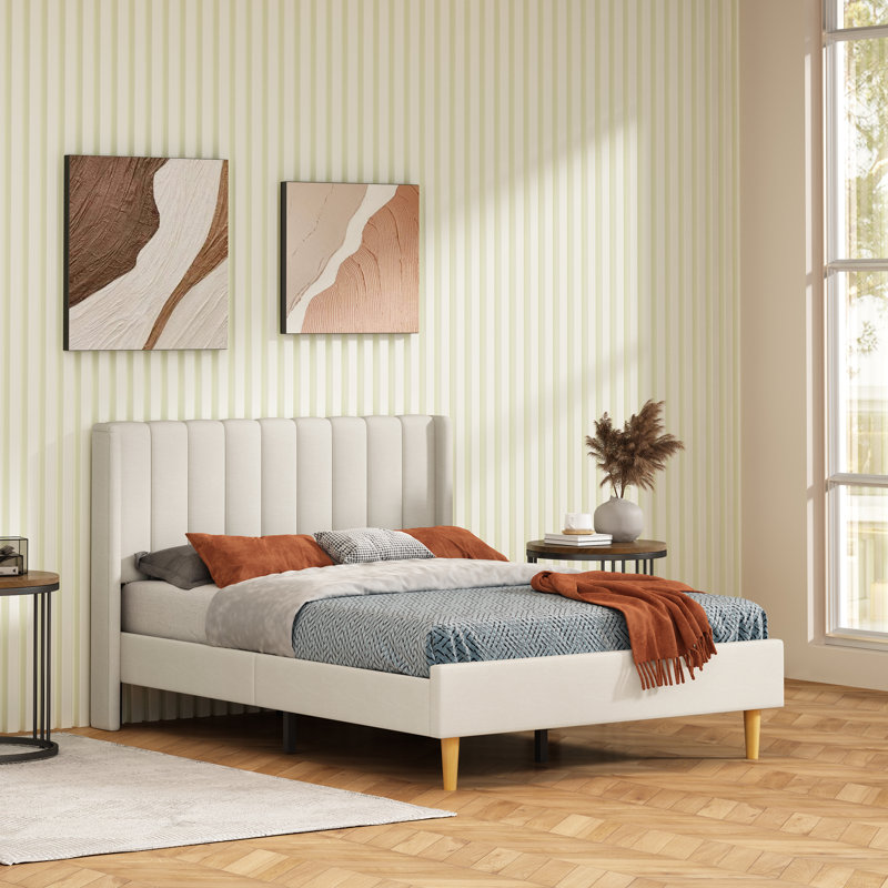 Base de lit tapissier avec tête de lit à oreilles Deeb, Double, Lin beige