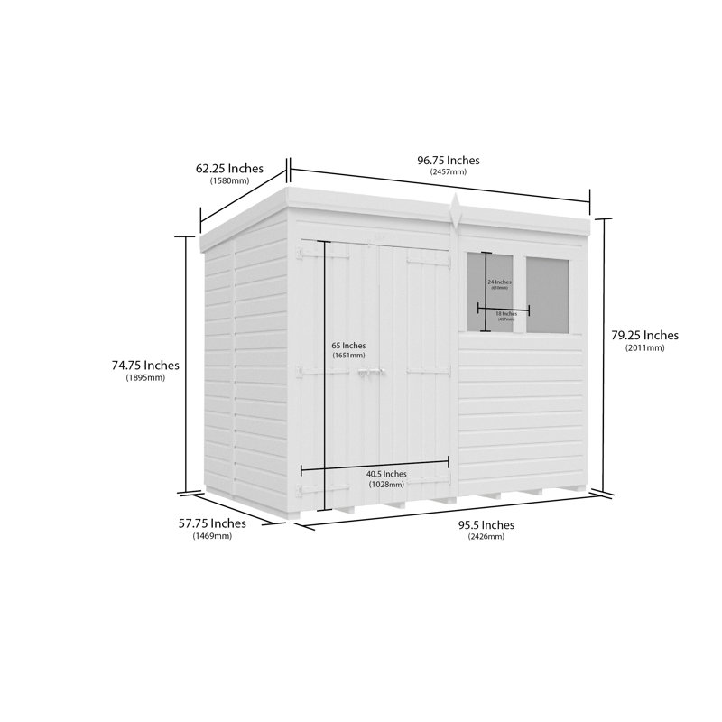 Total Sheds 8ft x 5ft Pent Garden Shed - Double Door - With Windows - Pressure Treated Timber - UK Manufactured