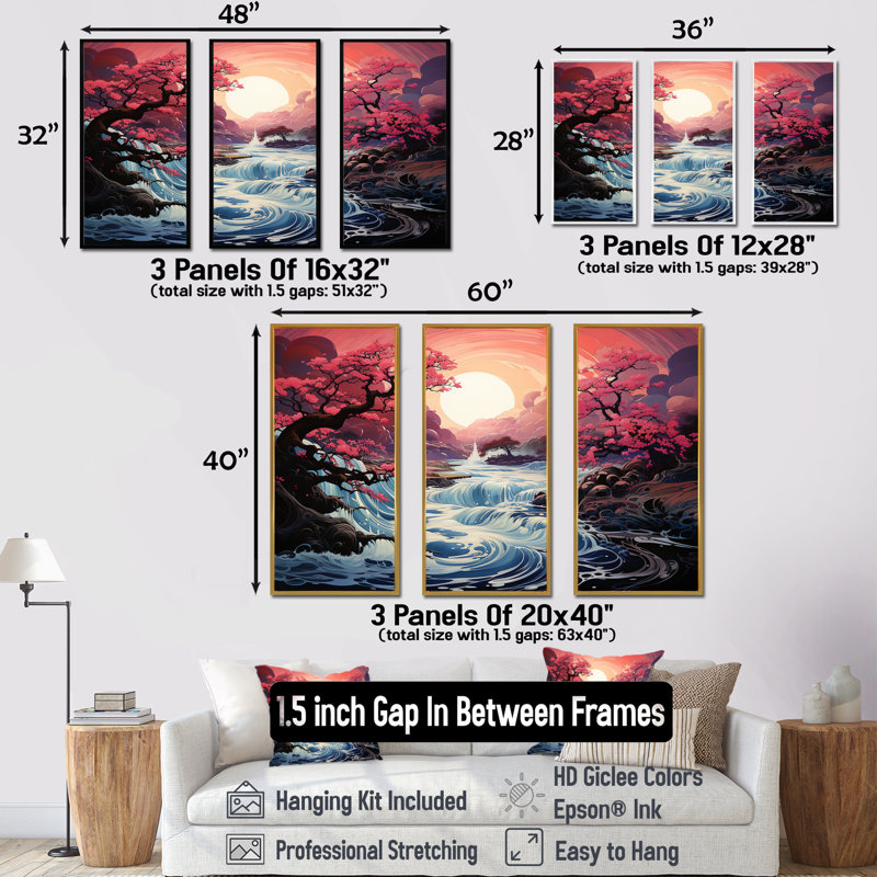 Japon, rivière rose, lever de soleil, rivière, art mural, Cadre flottant blanc, H 40 po x l 61 po x P 1 po