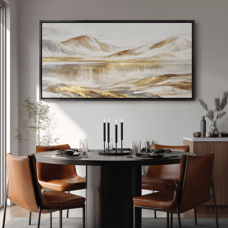 Art mural encadré sur toile - Lac de montagne abstrait doux avec accents neutres et dorés chaleureux - 16 po x 24 po, 24 po x 36 po