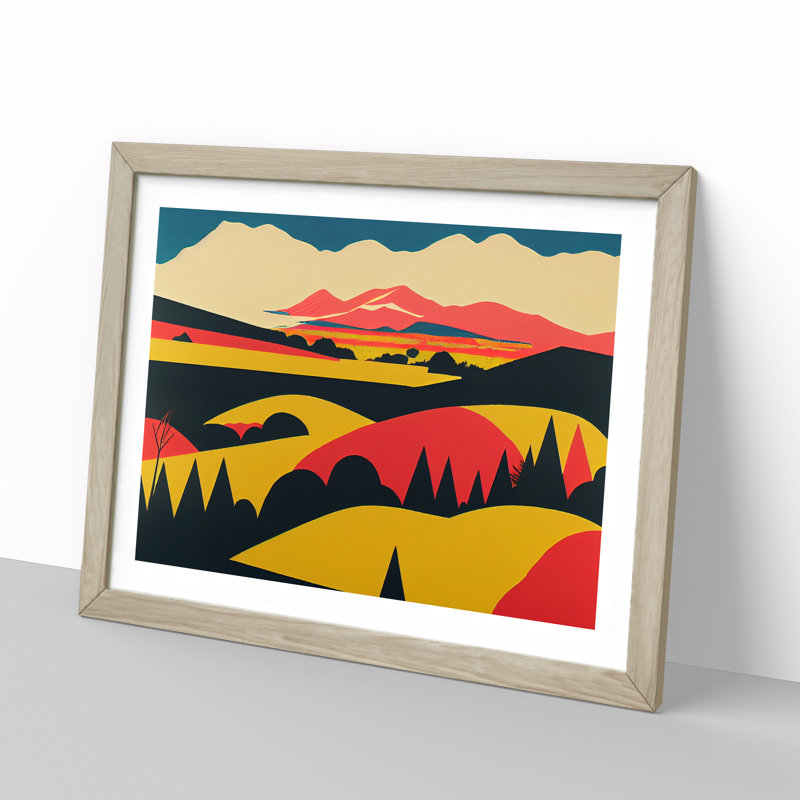 Pop Meadow Landscape - Framed Print, 25cm H x 34cm W x 2cm D, Oak