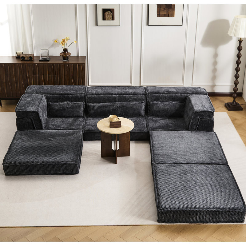Contracteur Mahjong à compression avec 3 coussins, aucun assemblage requis, tissu polaire circulaire, canapé d'angle modulaire sans ossature à monter soi-même, idéal pour le salon, la chambre à coucher, et rembourrage en mousse à mémoire de forme haute performance, ergonomique