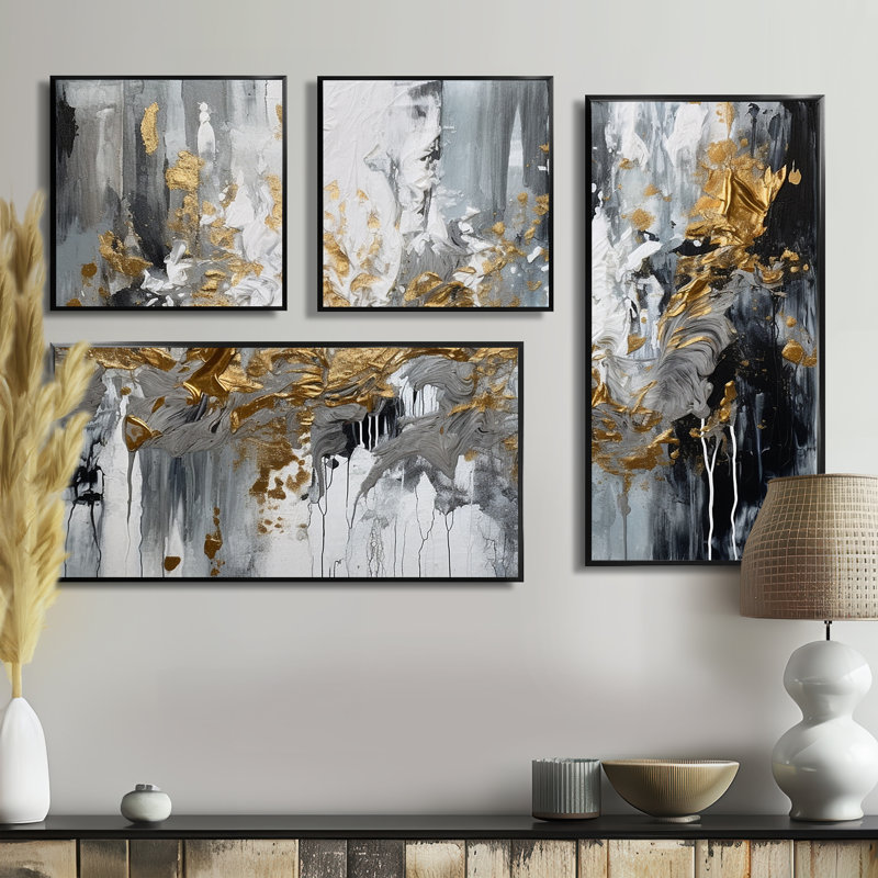 Coups de pinceau délicats noirs et blancs I - 4 impressions sur toile modernes, Impression encadrée sans passe-partout, Doré