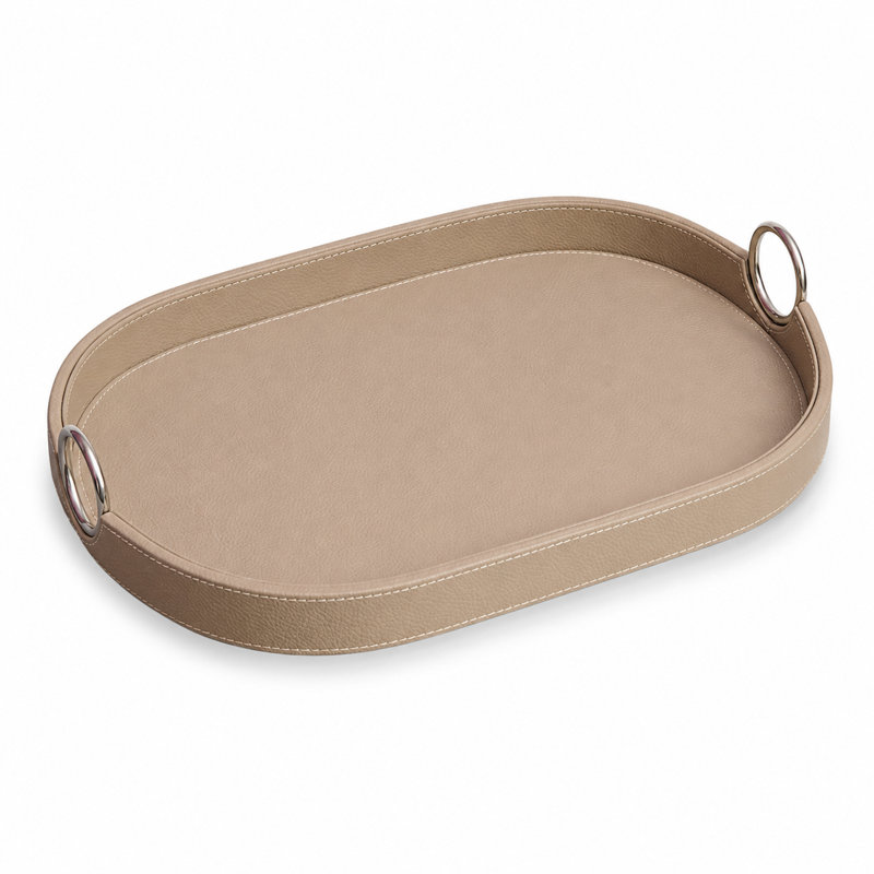 Saddle Leather Oval Tray In Stainless Steel