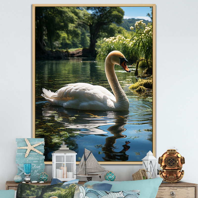 Cygne refuge dans un lac tropical - décoration murale animaux cygnes, Cadre photo noir, H 44 po x l 34 po