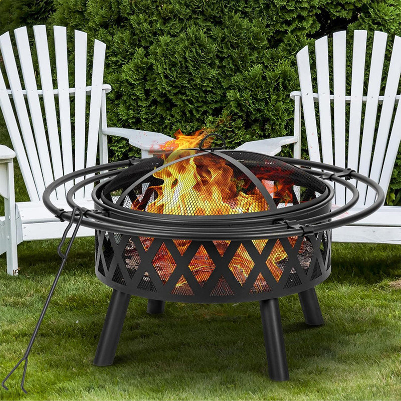 36 Inch Black Steel Outdoor Fire Pit with Spark Screen and Fire Poker