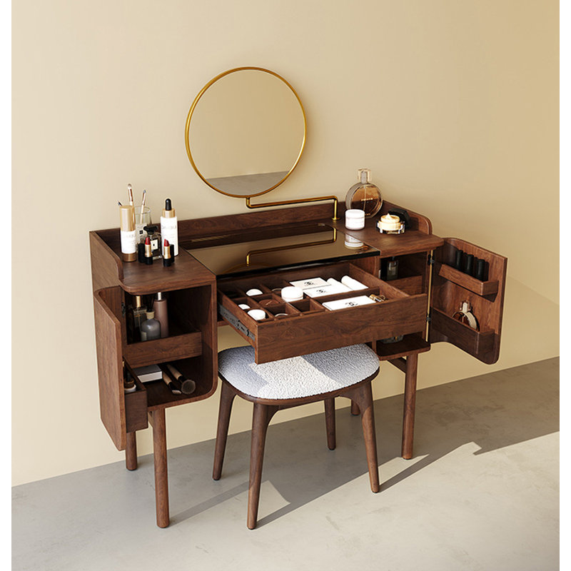 Bureau de maquillage multifonctionnel en bois massif noyer noir Mid-Century
