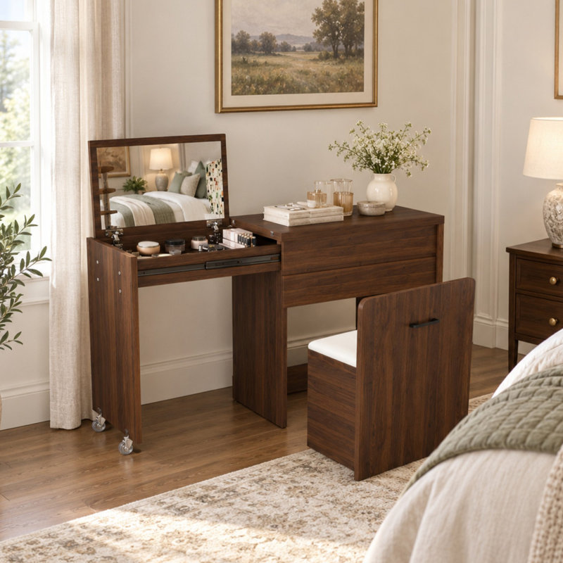 Coiffeuse convertible 3 en 1 avec miroir et tabouret de rangement