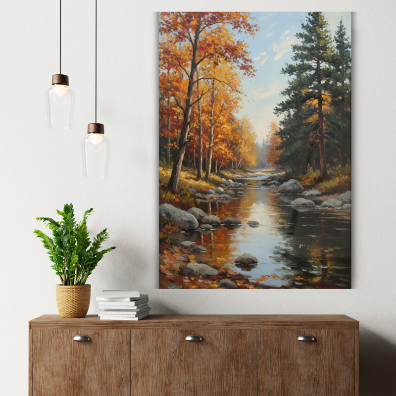 Tableau mural en verre trempé Paysage de rivière d'automne, H 20 po x l 16 po