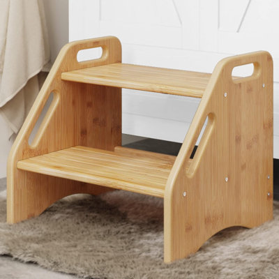 Wooden Step Stool, 300 Lbs Capacity With Safety Non-Slip Pads And Handles, Bamboo Step Stool For Bathroom by Latitude Run