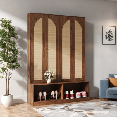 Arbre d'entrée Farmhouse avec 4 portes en rotin, banc, 6 crochets et range-chaussures Farmhouse