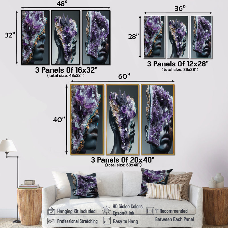 «Purple Stone Geode Portrait I - Spiritual Stone Large Wall Art Collection», Toile tendue, H 28 po x l 36 po