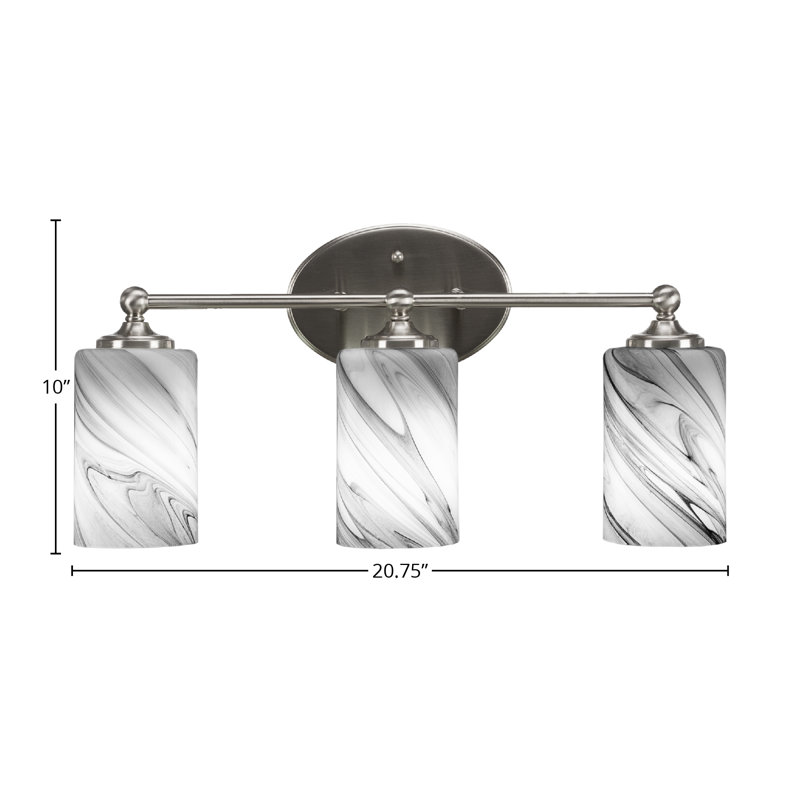 Barre d'éclairage de salle de bain 3 lumières Nevenko, fini nickel brossé avec verre tourbillon onyx de 4 po