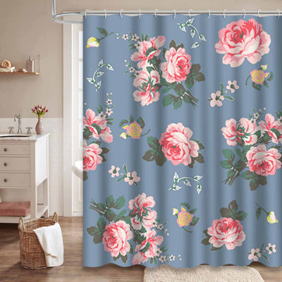 Vintage Rose Blue Watercolor Floral Waterproof Shower Curtain with 12 Hooks