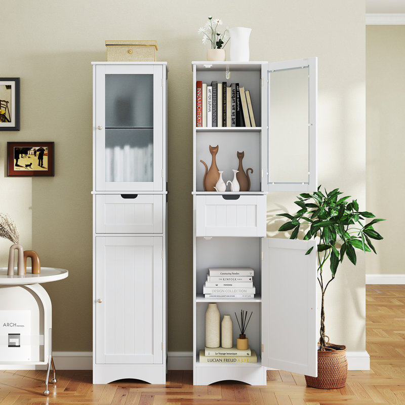 Tall Bathroom Storage Cabinet, Narrow Slim Linen Tower, Freestanding Floor Cabinet, White
