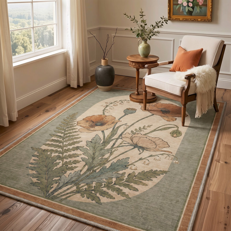 Tapis floral vert / beige lavable à la machine avec envers antidérapant, Rectangle 9 pi x 12 pi