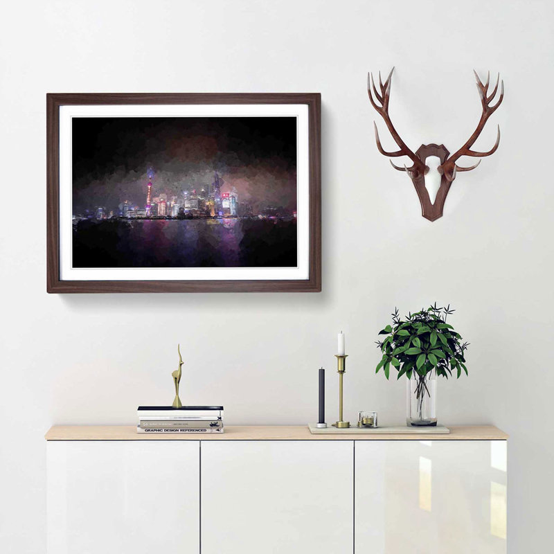 Shanghai China Skyline at Dusk in Abstract - Picture Frame Graphic Art Print, 35cm H x 50cm W x 2cm D, Walnut