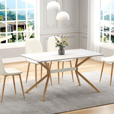 Table de salle à manger rectangulaire 55,5 po à grain de bois blanc avec base en métal pour la cuisine, la salle à manger et le salon