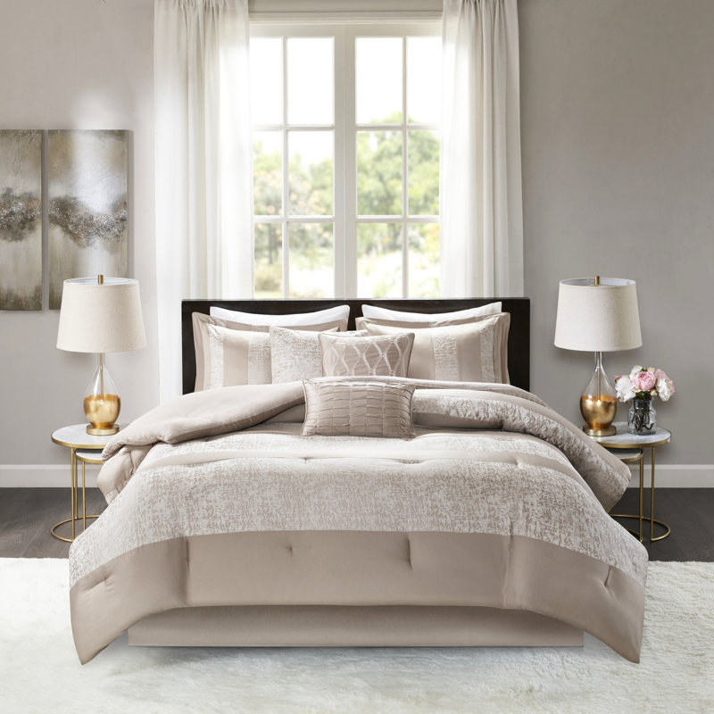 7 Piece King Bedding - Taupe Chenille Luxury Bed