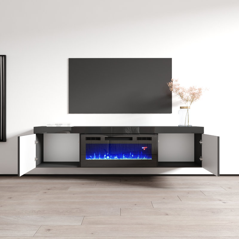 Floating 70.9" Modern TV Stand with Electric Fireplace, High Gloss Finish, Wall-Mounted, Black