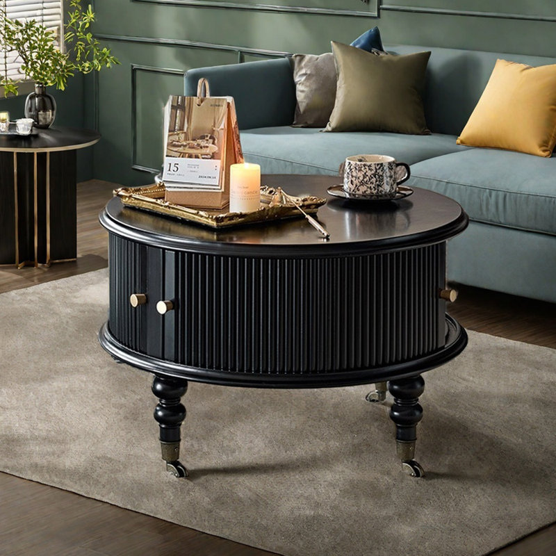 Retro Solid Wood Coffee Table with Wheels