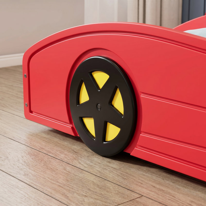 Lit de voiture de course en bois rouge et jaune - Taille simple avec rails de rangement et de sécurité pour les adolescents