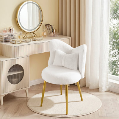 Wingback Accent Vanity Chair With Bow Pillow, Gold Metal Legs
