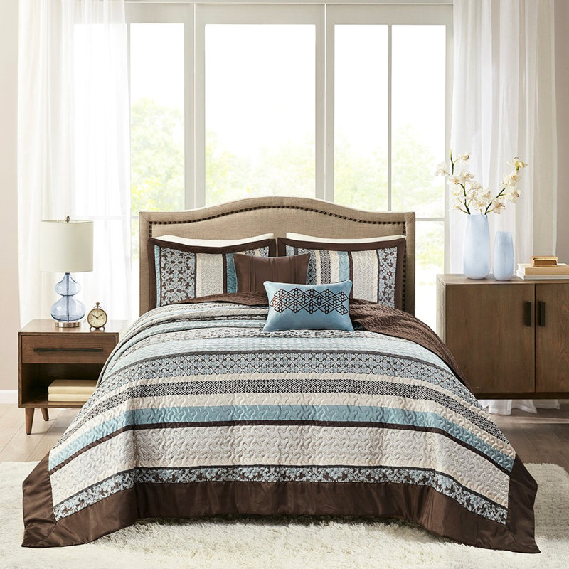 Couvre-lit bleu grand - 5 pièces de conception géométrique traditionnelle 100% 2 coussins décoratifs, facile à nettoyer avec une literie confortable